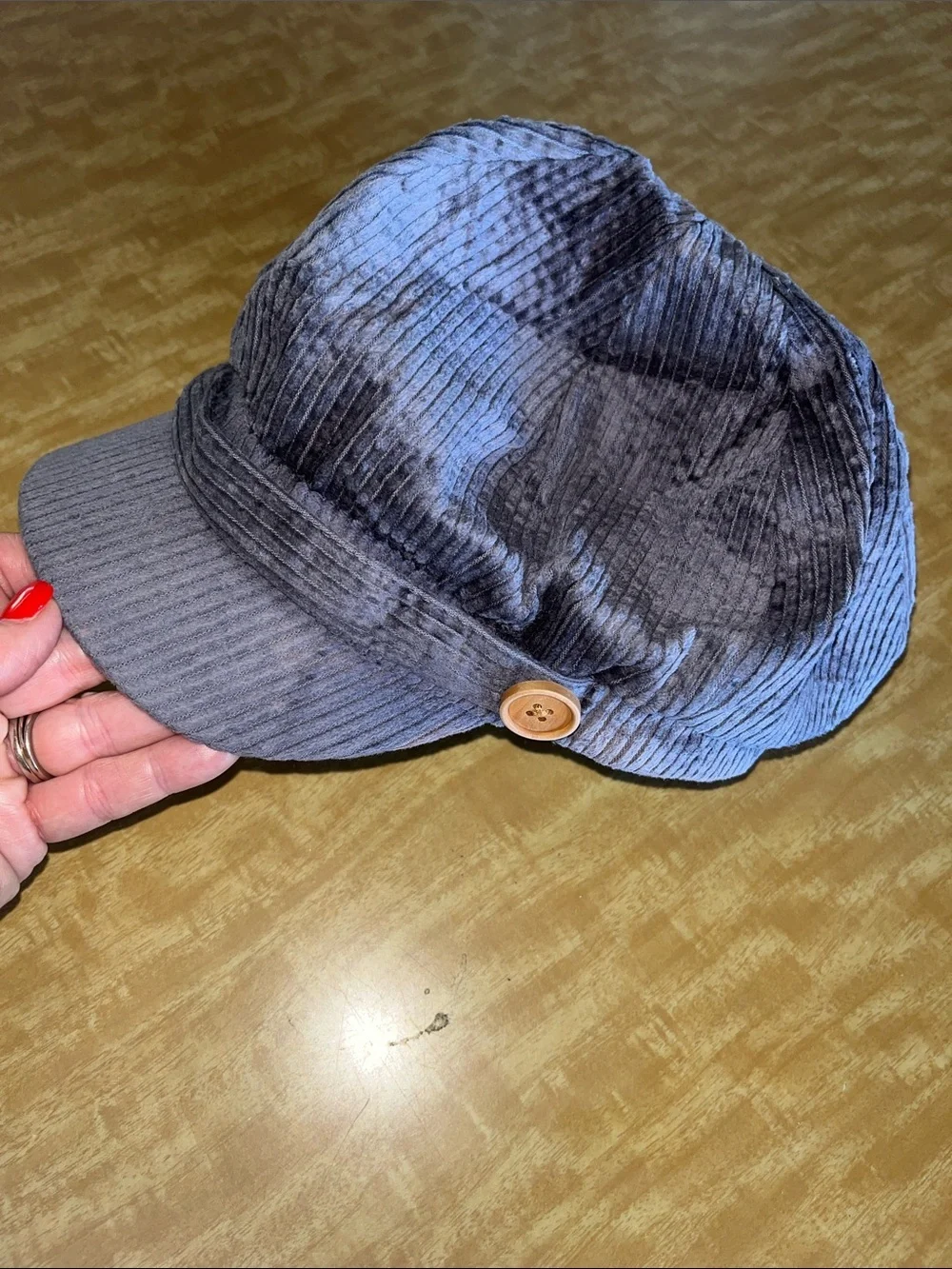 David and Young Gray Corduroy Newsboy Cap with Wooden Button